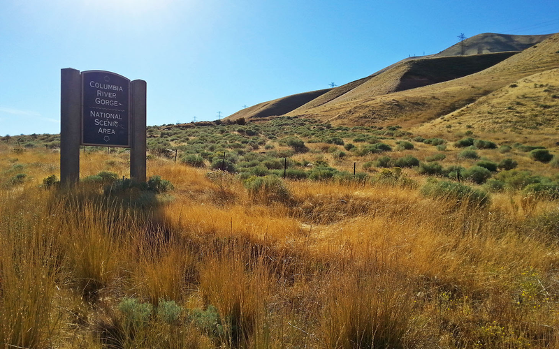 Welcome sign on Washington side to the Columbia River Gorge National Scenic Area.